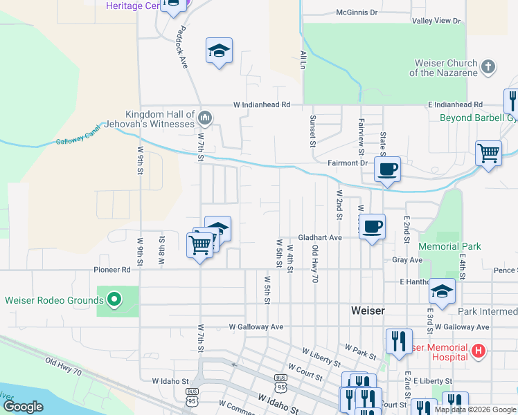 map of restaurants, bars, coffee shops, grocery stores, and more near 40 Maple Drive in Weiser