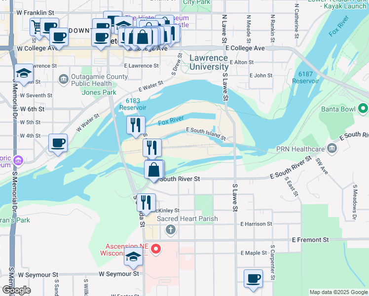 map of restaurants, bars, coffee shops, grocery stores, and more near 100 East Eagle Flats Parkway in Appleton