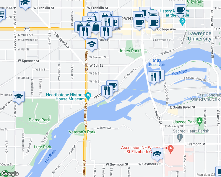map of restaurants, bars, coffee shops, grocery stores, and more near 433 1/2 West Prospect Avenue in Appleton