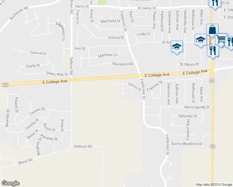 map of restaurants, bars, coffee shops, grocery stores, and more near 2801 Garners Creek Court in Kaukauna