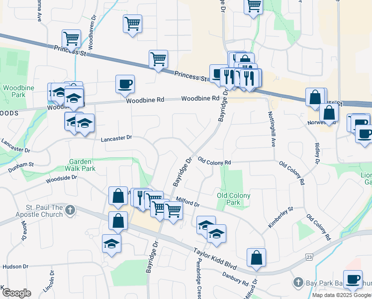 map of restaurants, bars, coffee shops, grocery stores, and more near 1029 Old Colony Road in Kingston