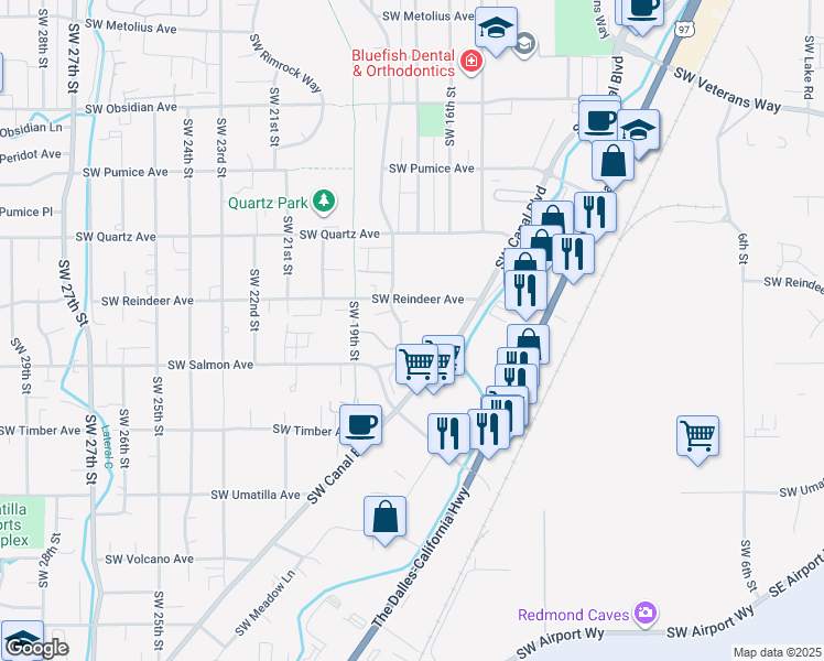 map of restaurants, bars, coffee shops, grocery stores, and more near 2150 Southwest Canyon Drive in Redmond