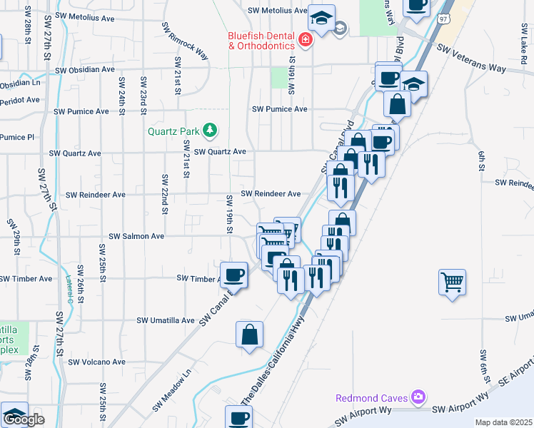map of restaurants, bars, coffee shops, grocery stores, and more near 2140 Southwest Canyon Drive in Redmond