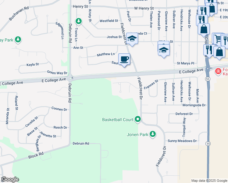 map of restaurants, bars, coffee shops, grocery stores, and more near 2801 Garners Creek Court in Kaukauna