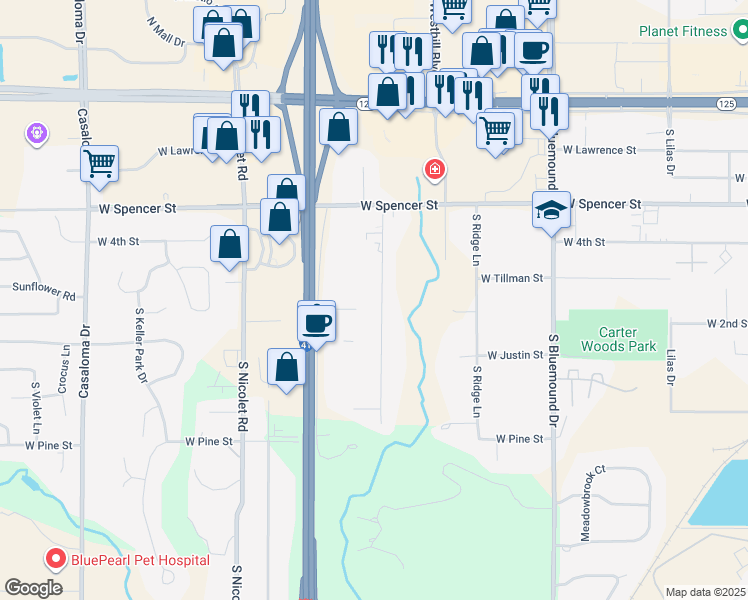 map of restaurants, bars, coffee shops, grocery stores, and more near 677 South Timmers Lane in Appleton