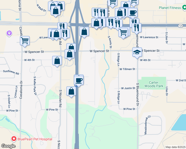 map of restaurants, bars, coffee shops, grocery stores, and more near 677 South Timmers Lane in Appleton