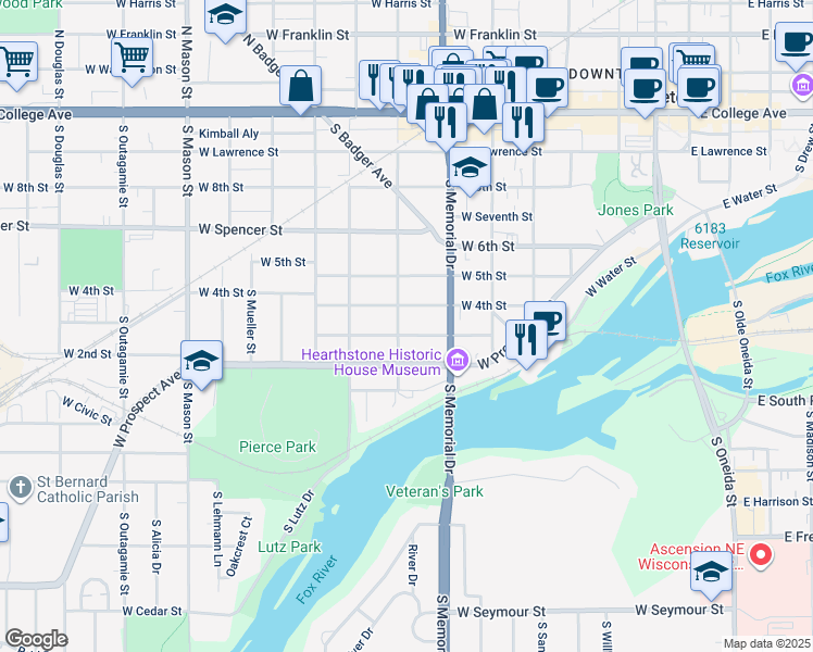 map of restaurants, bars, coffee shops, grocery stores, and more near 709 South Locust Street in Appleton