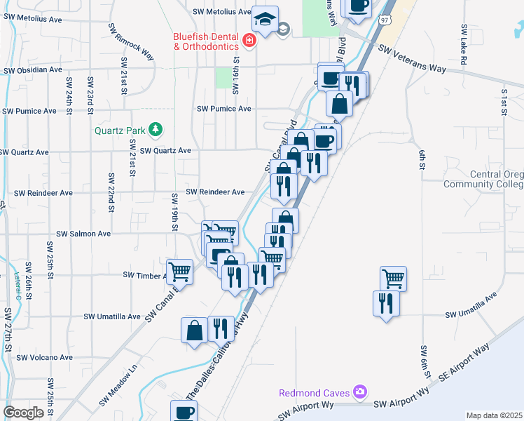 map of restaurants, bars, coffee shops, grocery stores, and more near 2247 South Highway 97 in Redmond