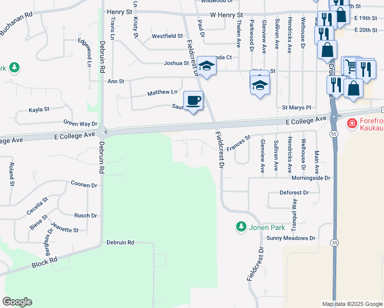 map of restaurants, bars, coffee shops, grocery stores, and more near 2712 Garners Creek Court in Kaukauna