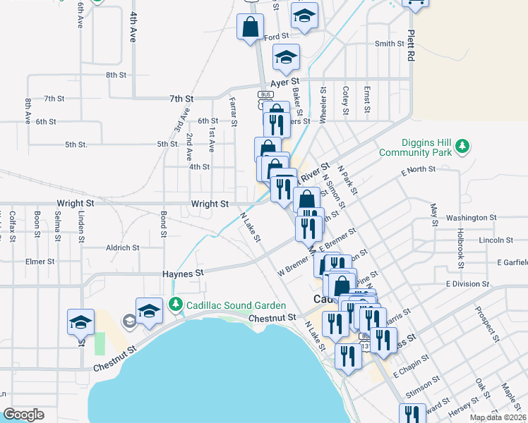 map of restaurants, bars, coffee shops, grocery stores, and more near 111 West River Street in Cadillac