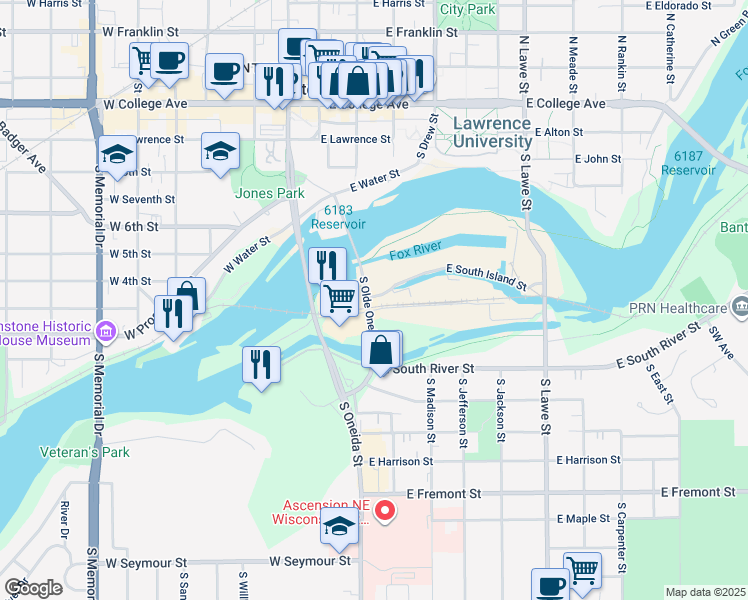 map of restaurants, bars, coffee shops, grocery stores, and more near 677-713 South Olde Oneida Street in Appleton