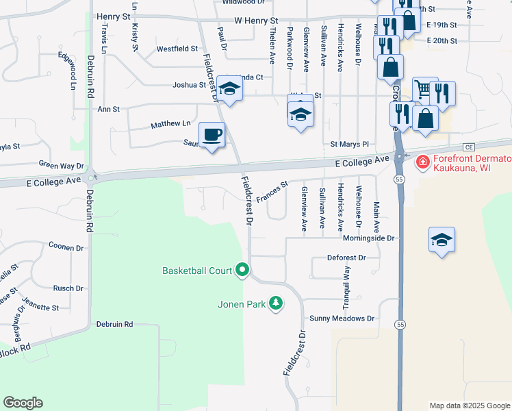 map of restaurants, bars, coffee shops, grocery stores, and more near 2933 Southbreeze Court in Kaukauna