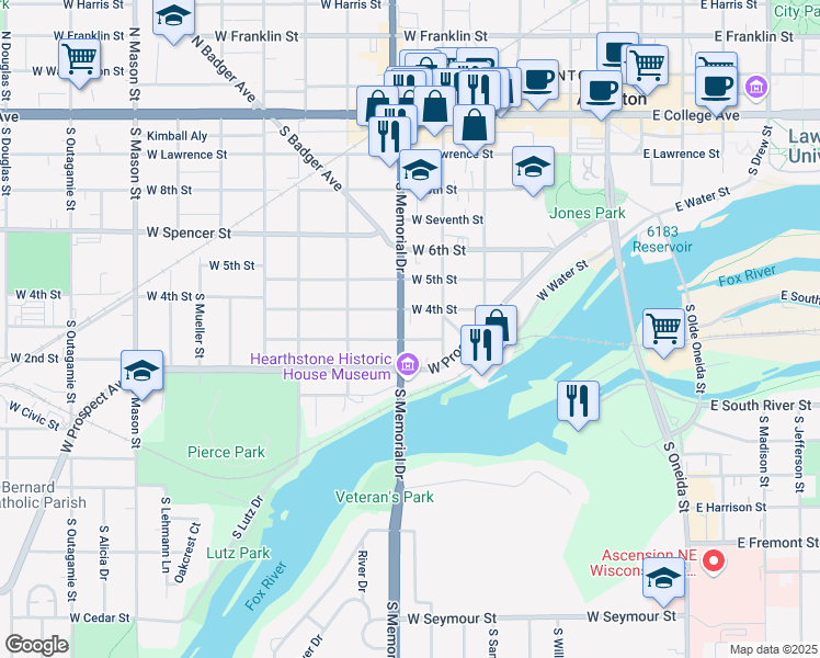 map of restaurants, bars, coffee shops, grocery stores, and more near 617 West 4th Street in Appleton