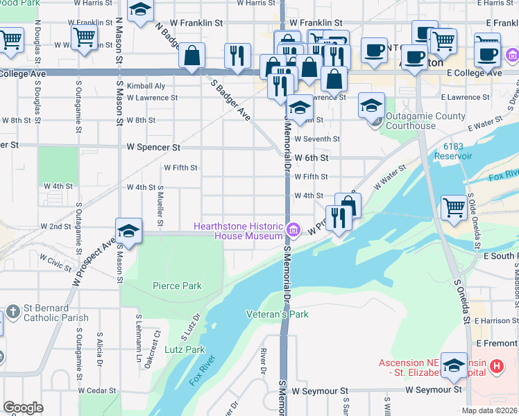 map of restaurants, bars, coffee shops, grocery stores, and more near 709 South Locust Street in Appleton