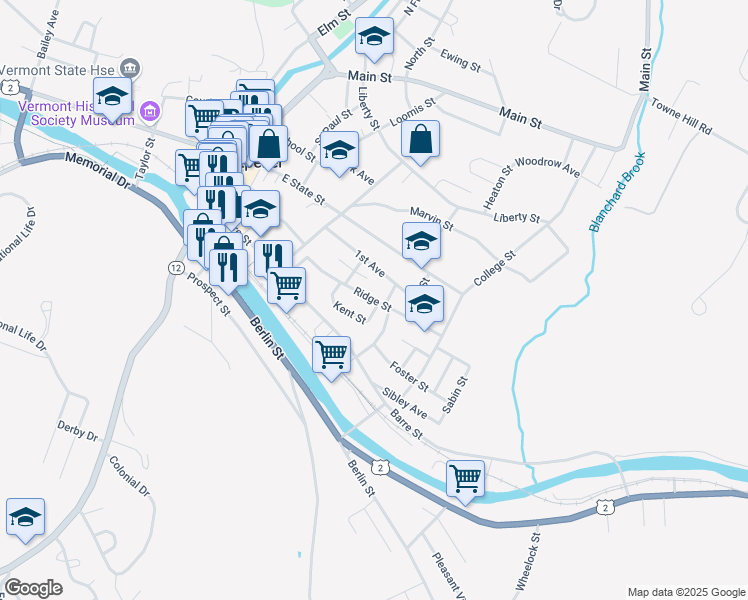 map of restaurants, bars, coffee shops, grocery stores, and more near Ridge Street in Montpelier