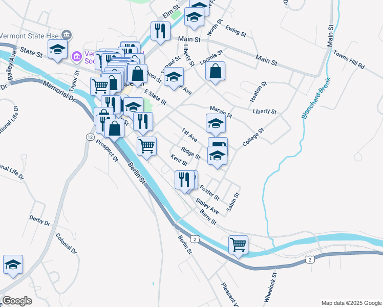 map of restaurants, bars, coffee shops, grocery stores, and more near Ridge Street in Montpelier