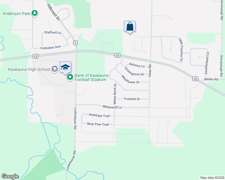 map of restaurants, bars, coffee shops, grocery stores, and more near 3001 White Birch Street in Kaukauna