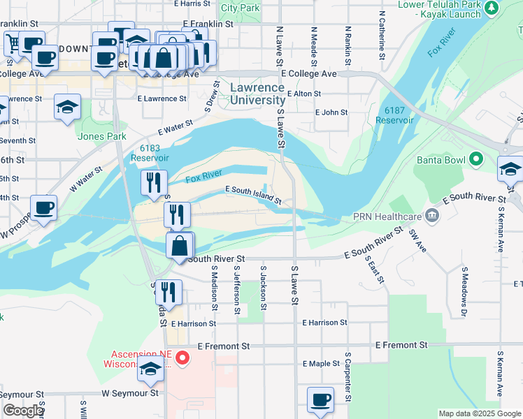 map of restaurants, bars, coffee shops, grocery stores, and more near 480 East Eagle Flats Parkway in Appleton