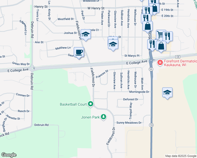 map of restaurants, bars, coffee shops, grocery stores, and more near 2933 Southbreeze Court in Kaukauna