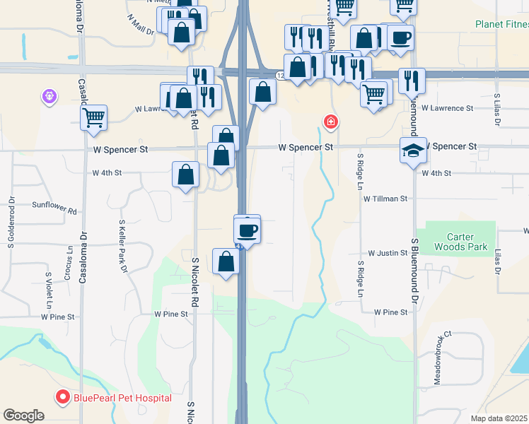 map of restaurants, bars, coffee shops, grocery stores, and more near 726 South Westland Drive in Appleton