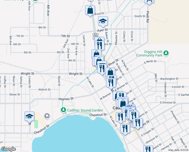 map of restaurants, bars, coffee shops, grocery stores, and more near 111 West River Street in Cadillac