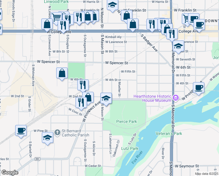 map of restaurants, bars, coffee shops, grocery stores, and more near 718 South Mason Street in Appleton