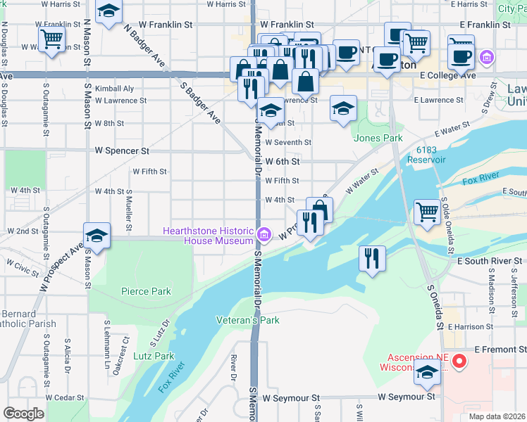 map of restaurants, bars, coffee shops, grocery stores, and more near 714 South Memorial Drive in Appleton