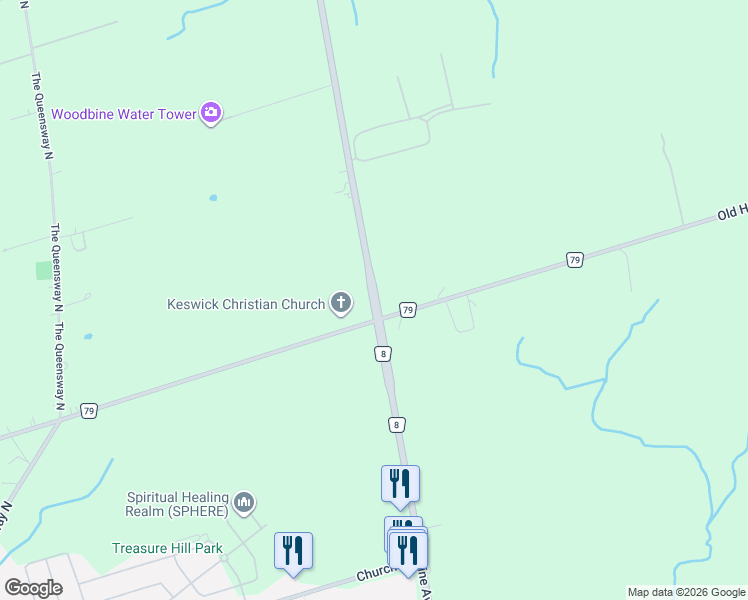 map of restaurants, bars, coffee shops, grocery stores, and more near 25607 Woodbine Avenue in Georgina