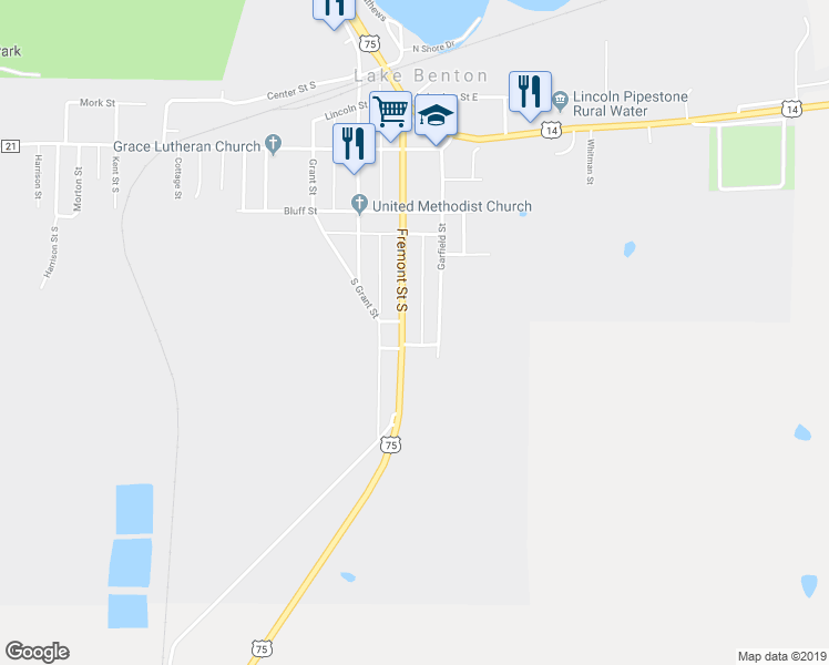map of restaurants, bars, coffee shops, grocery stores, and more near 301 Fremont Street South in Lake Benton