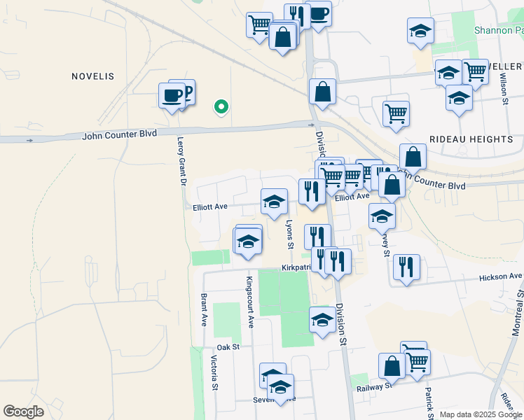 map of restaurants, bars, coffee shops, grocery stores, and more near 460 Elliott Avenue in Kingston