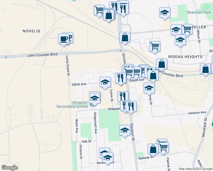 map of restaurants, bars, coffee shops, grocery stores, and more near 440 Elliott Avenue in Kingston