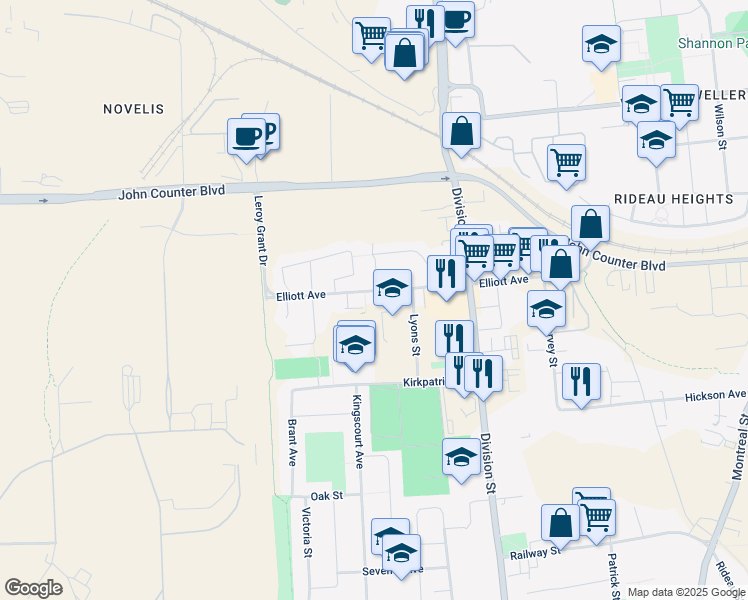 map of restaurants, bars, coffee shops, grocery stores, and more near 460 Elliott Avenue in Kingston