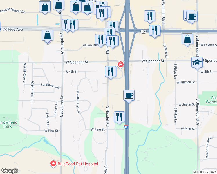 map of restaurants, bars, coffee shops, grocery stores, and more near 600 South Nicolet Road in Appleton