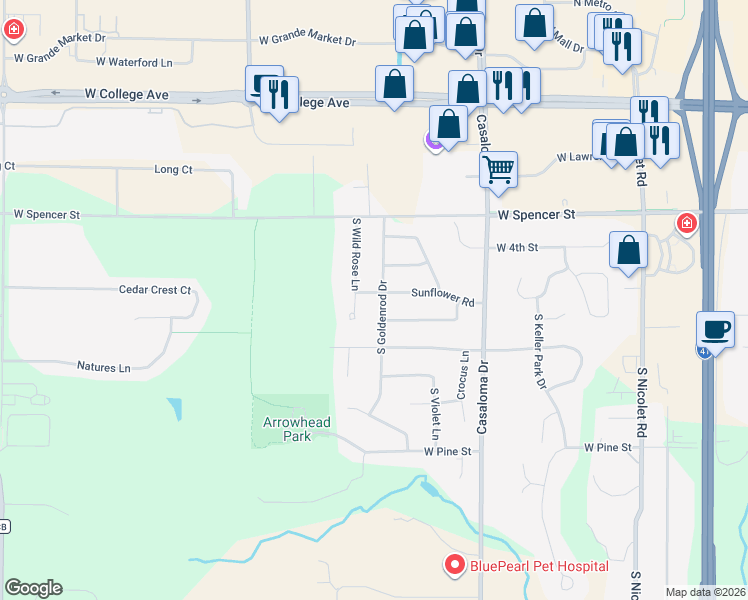 map of restaurants, bars, coffee shops, grocery stores, and more near 701 South Goldenrod Drive in Appleton