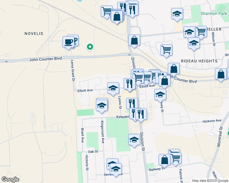 map of restaurants, bars, coffee shops, grocery stores, and more near 440 Elliott Avenue in Kingston