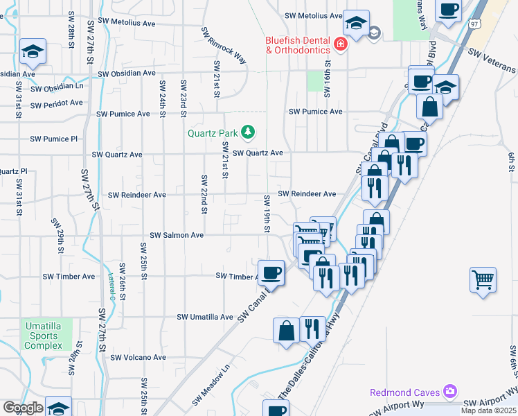 map of restaurants, bars, coffee shops, grocery stores, and more near 2151 Southwest 19th Street in Redmond
