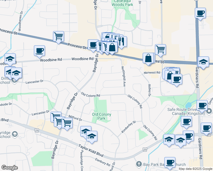 map of restaurants, bars, coffee shops, grocery stores, and more near 940 Ambleside Crescent in Kingston