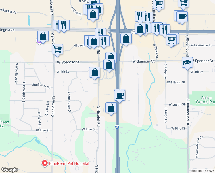 map of restaurants, bars, coffee shops, grocery stores, and more near 600 South Nicolet Road in Appleton