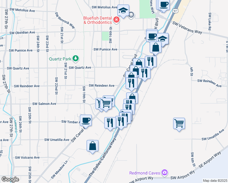 map of restaurants, bars, coffee shops, grocery stores, and more near 2165 Southwest Canal Boulevard in Redmond