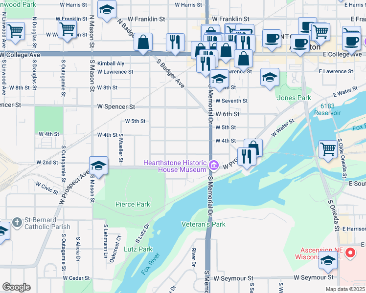 map of restaurants, bars, coffee shops, grocery stores, and more near 709 South Locust Street in Appleton