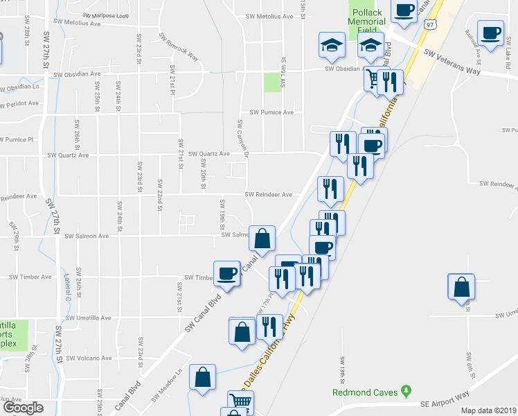 map of restaurants, bars, coffee shops, grocery stores, and more near 2140 Southwest Canyon Drive in Redmond