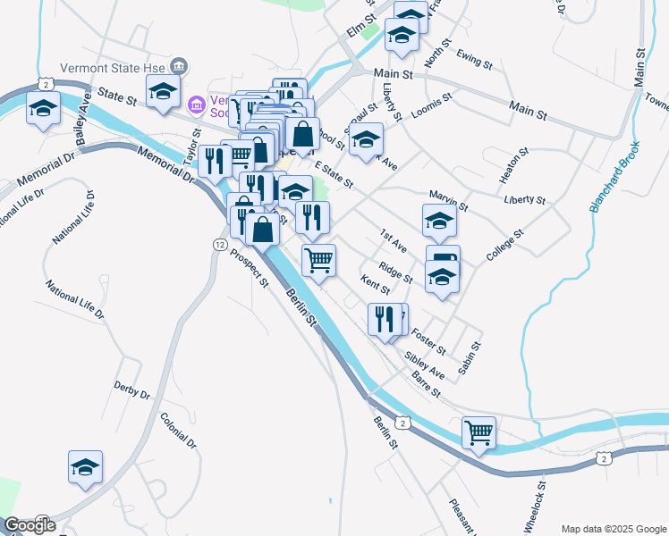 map of restaurants, bars, coffee shops, grocery stores, and more near 104 Barre Street in Montpelier