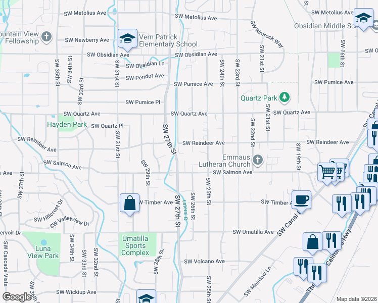map of restaurants, bars, coffee shops, grocery stores, and more near 2602 Southwest Reindeer Avenue in Redmond