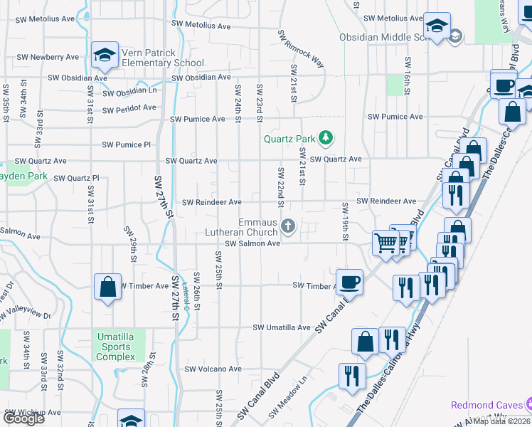 map of restaurants, bars, coffee shops, grocery stores, and more near 2140 Southwest 23rd Street in Redmond