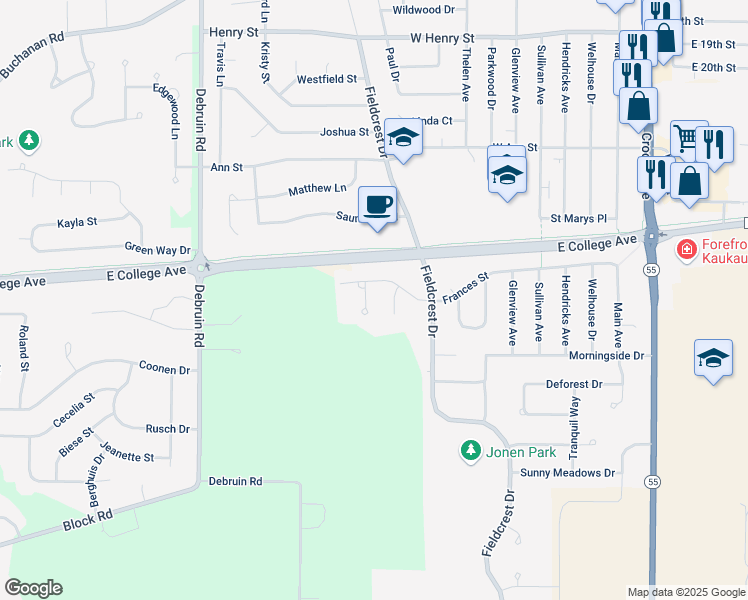 map of restaurants, bars, coffee shops, grocery stores, and more near 2712 Garners Creek Court in Kaukauna