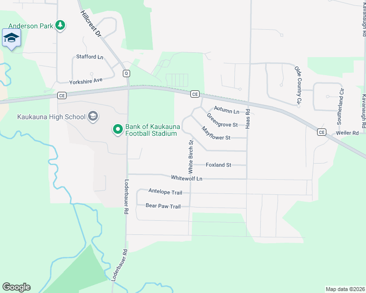 map of restaurants, bars, coffee shops, grocery stores, and more near 3001 White Birch Street in Kaukauna