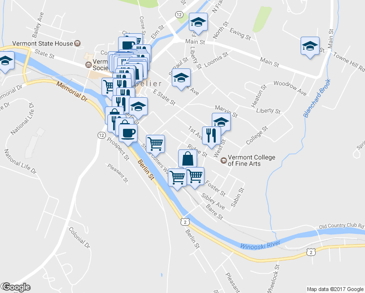 map of restaurants, bars, coffee shops, grocery stores, and more near 12 Ridge Street in Montpelier
