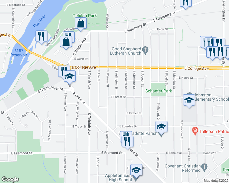 map of restaurants, bars, coffee shops, grocery stores, and more near 701 South Arlington Street in Appleton