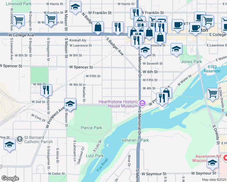 map of restaurants, bars, coffee shops, grocery stores, and more near 704 South Pierce Avenue in Appleton