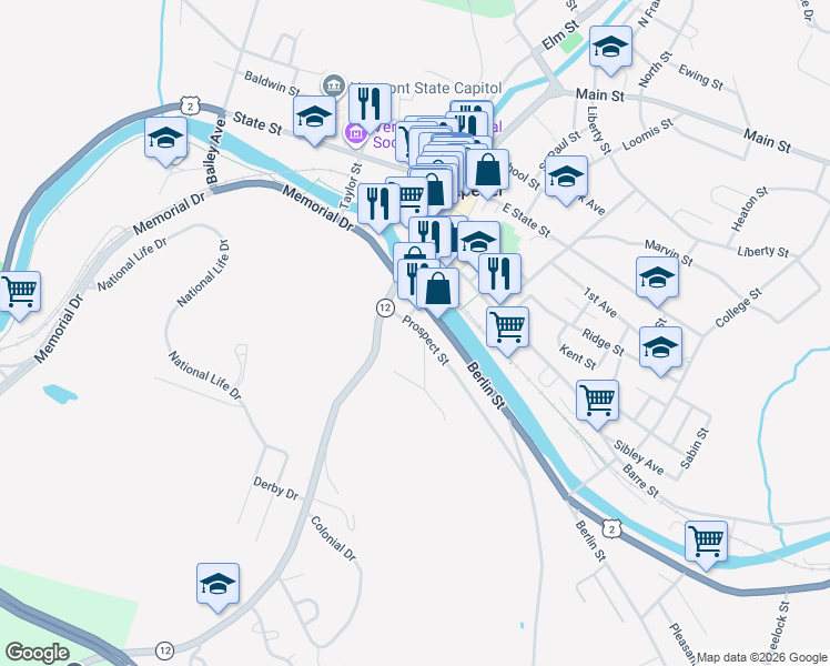map of restaurants, bars, coffee shops, grocery stores, and more near 23 Prospect Street in Montpelier